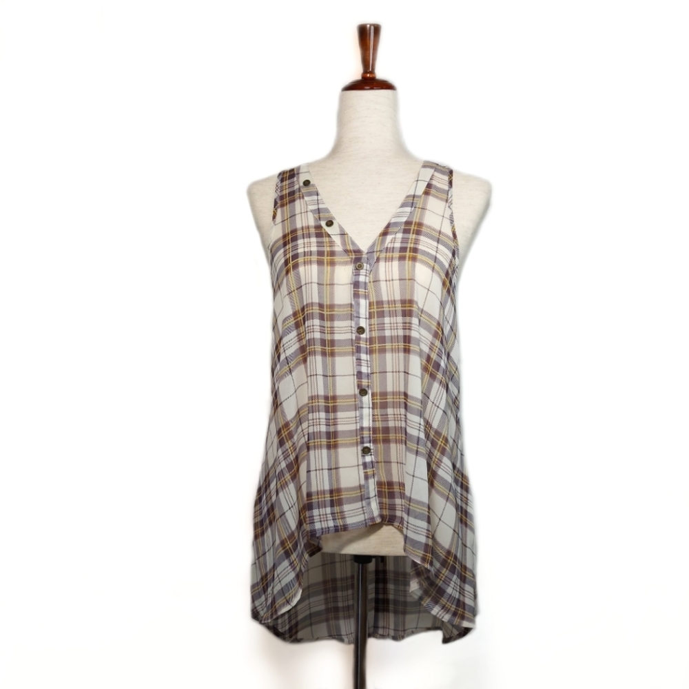 DECREE: V Neck Plaid Button Hi-low Chiffon Top | Size M